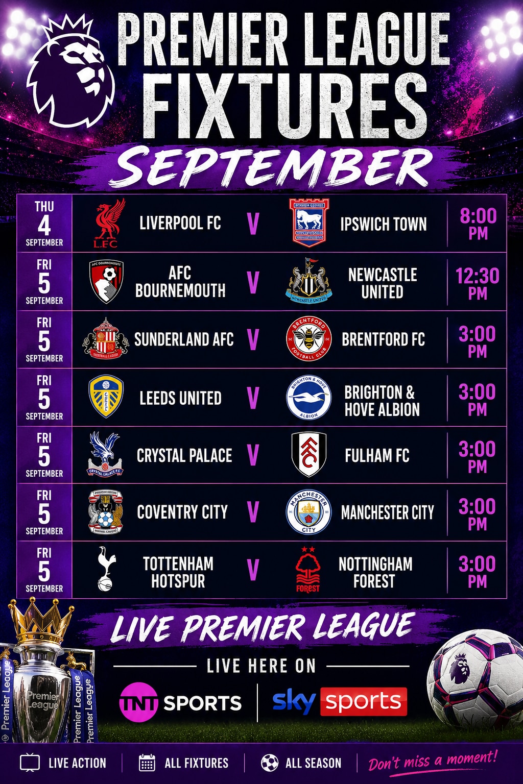 SEPTEMBER PREMIER LEAGUE FIXTURES