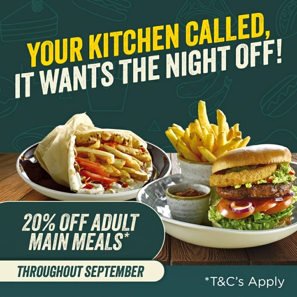 20% off all adults main meals throughout september!!