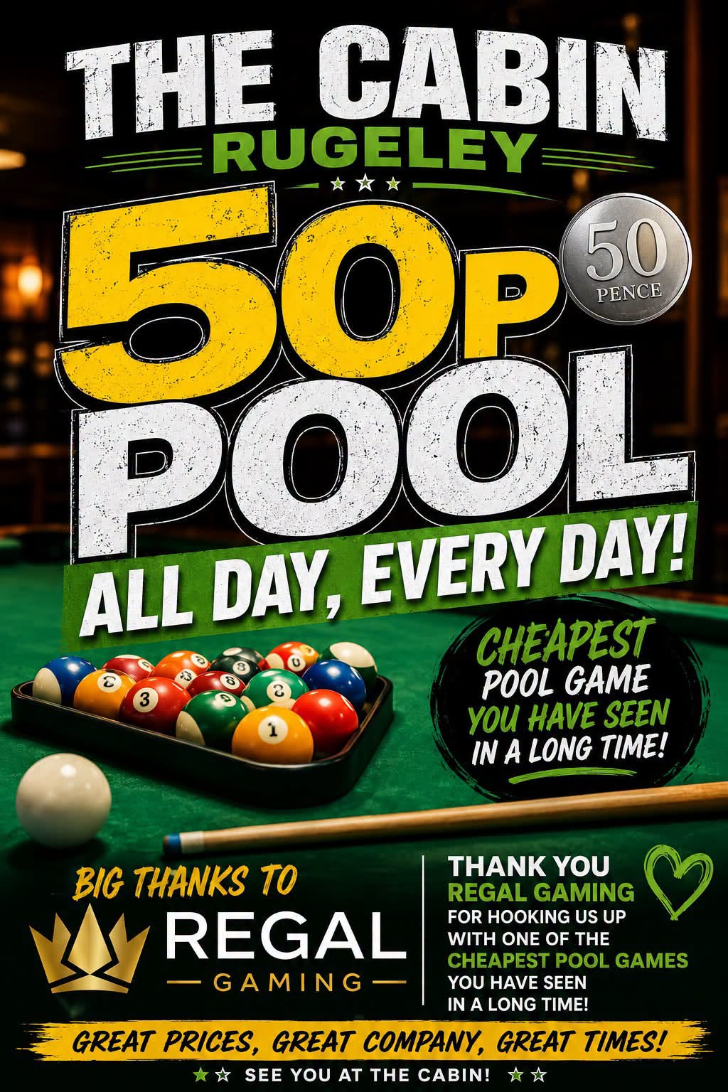 50P POOL EVERYDAY!