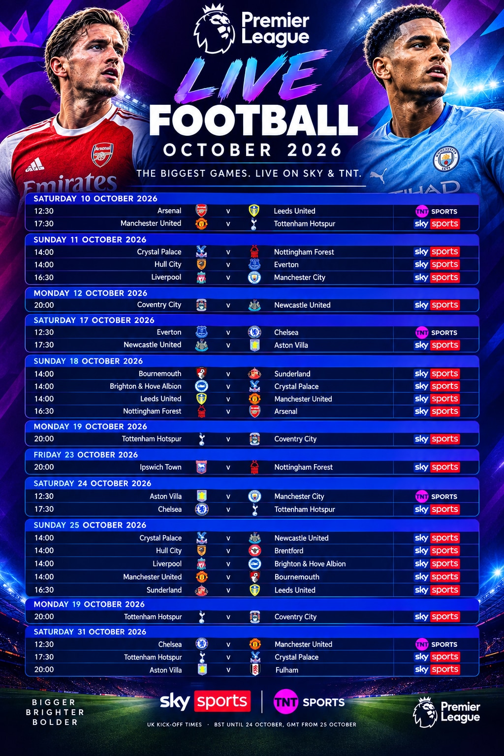 Premier League Fixtures - October 2026