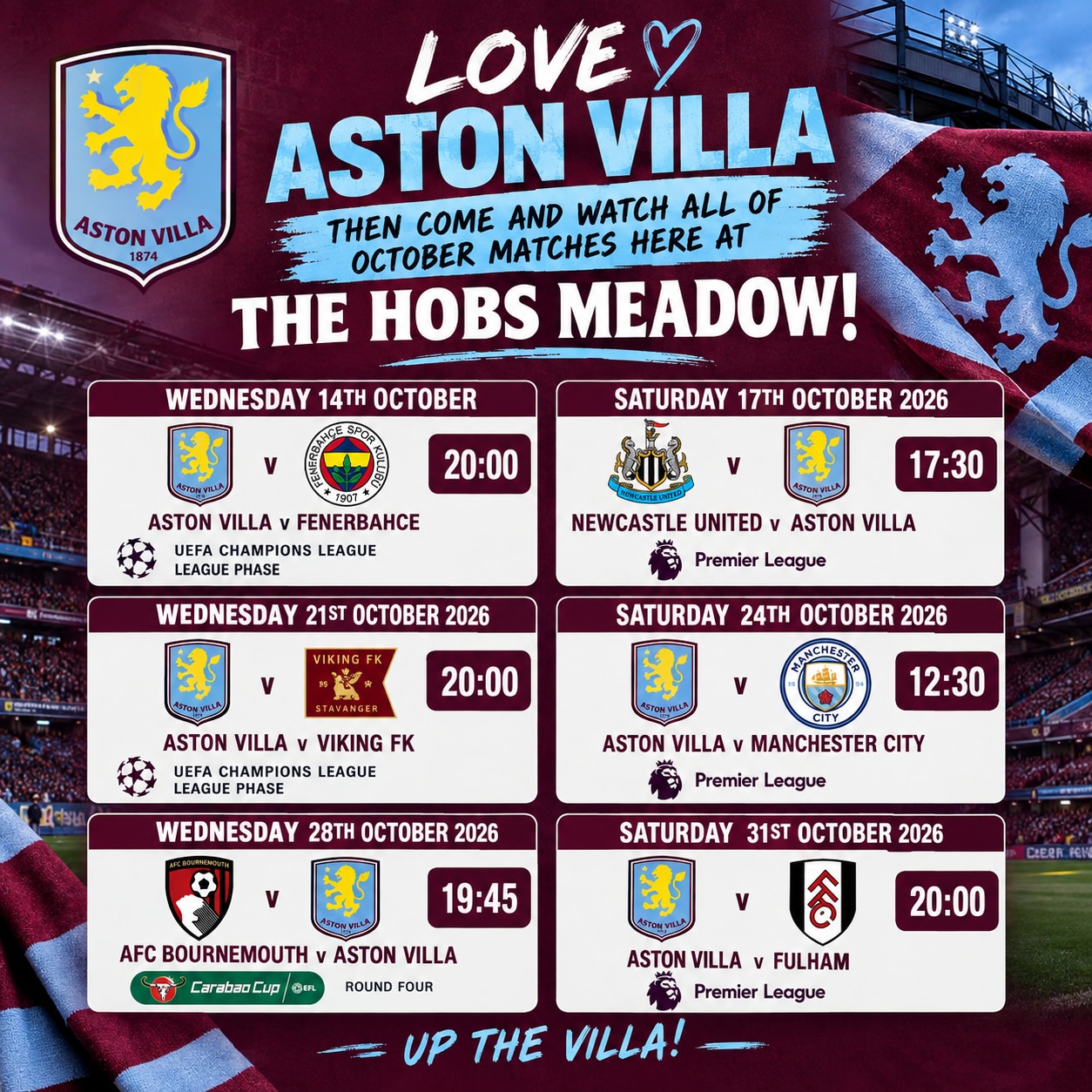 All of Aston Villa’s games for October