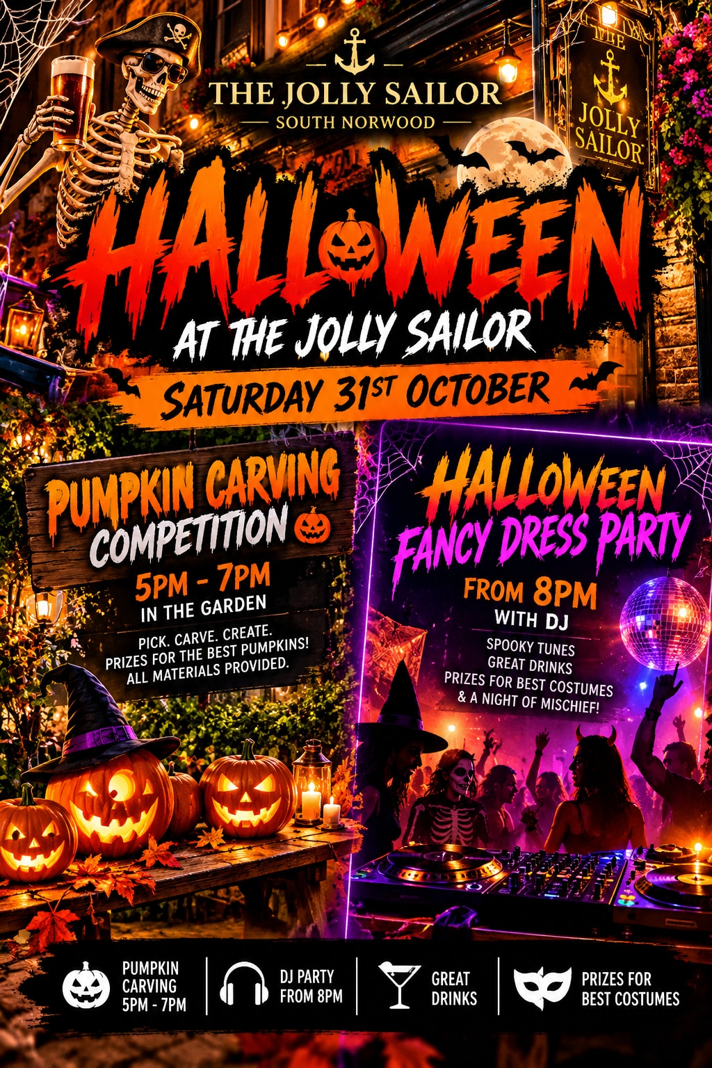 🎃 Halloween at The Jolly Sailor – Carve, Dress Up & Get Spooky! Saturday 31st October | From 5:00 PM